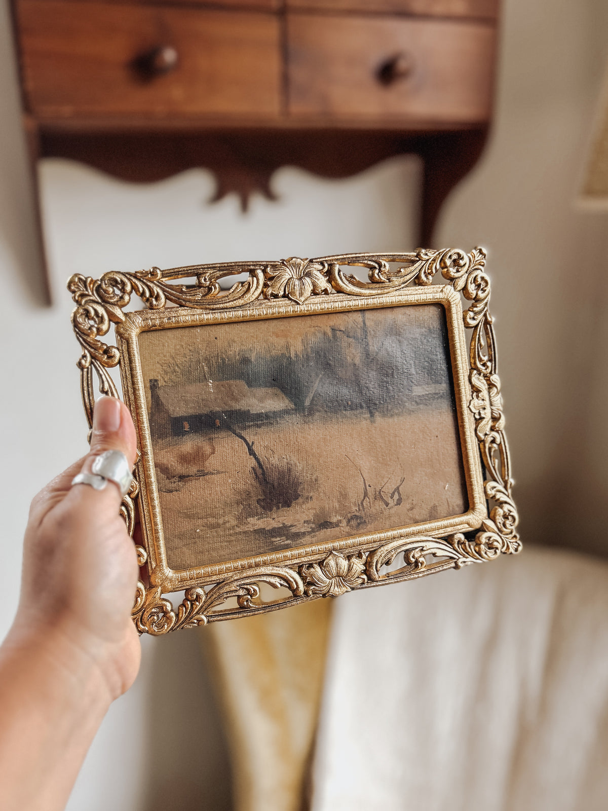 Antique Moody Landscape Paintings in Brass Frames