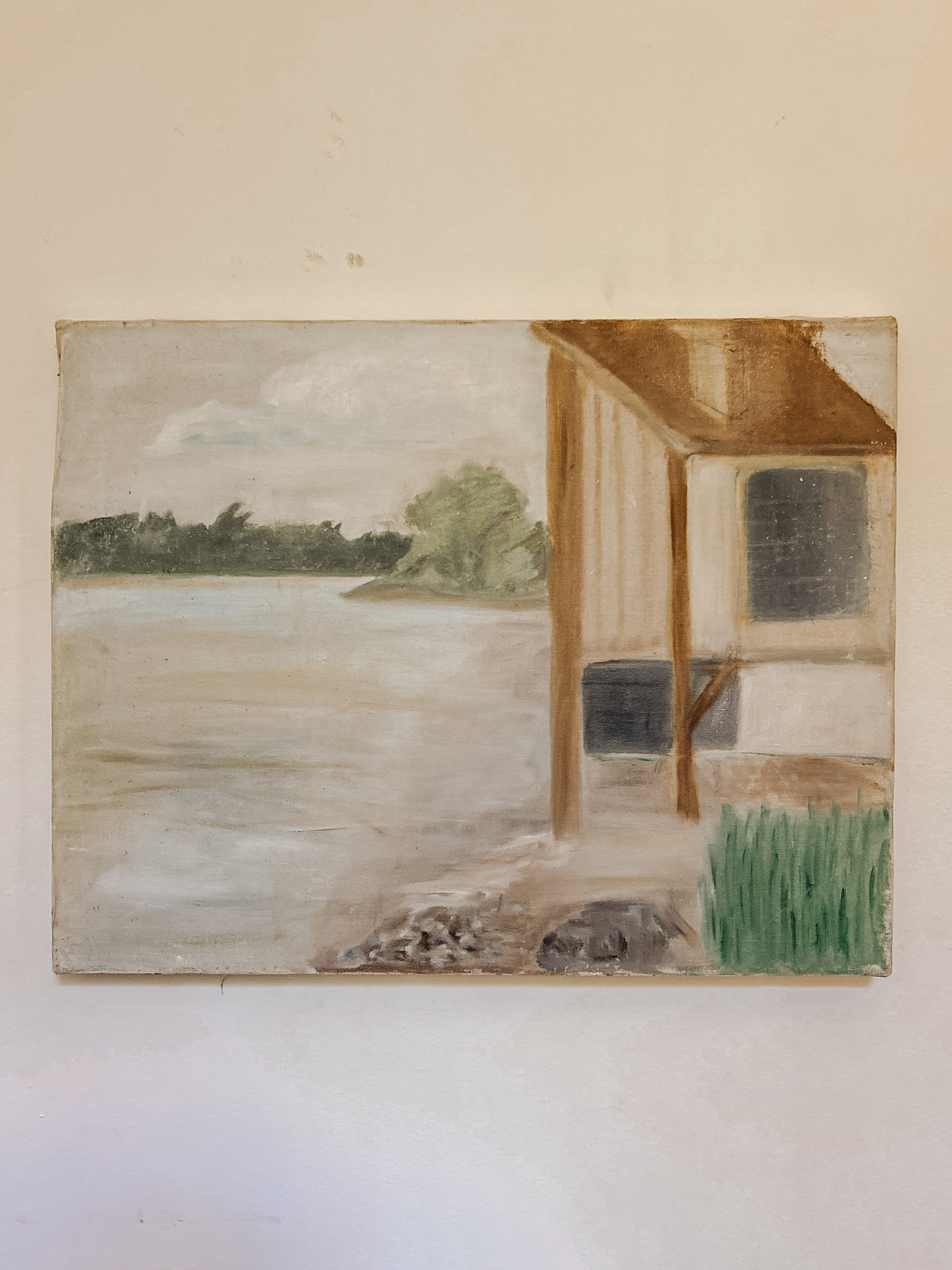 Vintage Waterfront Cottage Painting on Canvas