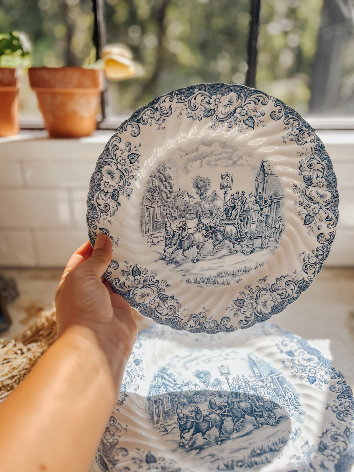Vintage Blue Transferware Dinner Plate Set