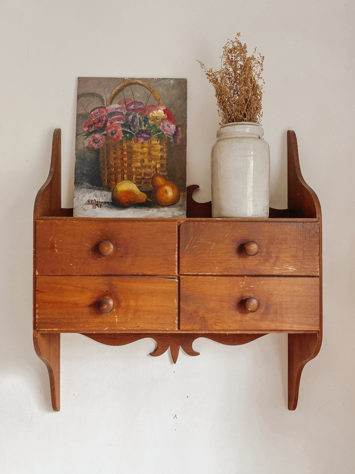 Antique Still Life Flower Basket Oil Painting on Board