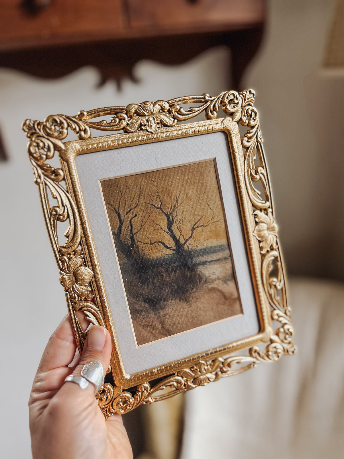 Antique Moody Landscape Paintings in Brass Frames