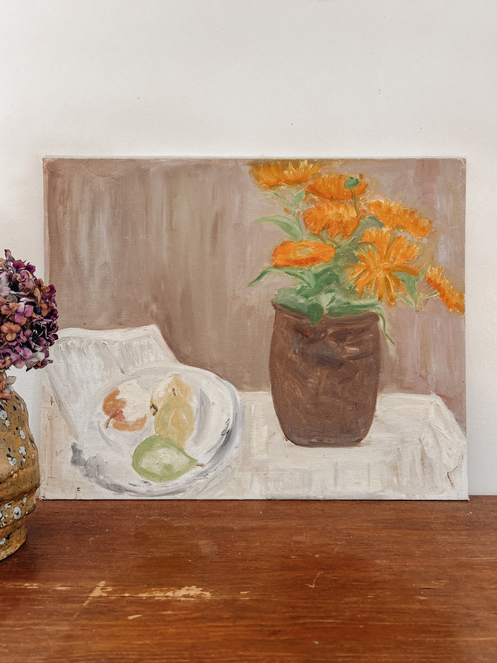 Vintage Flowers and Fruit Bowl Still Life Painting
