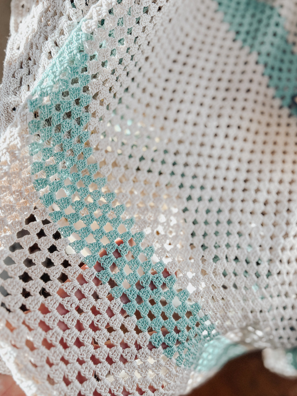 Vintage Teal Striped Crocheted Afghan Throw Blanket