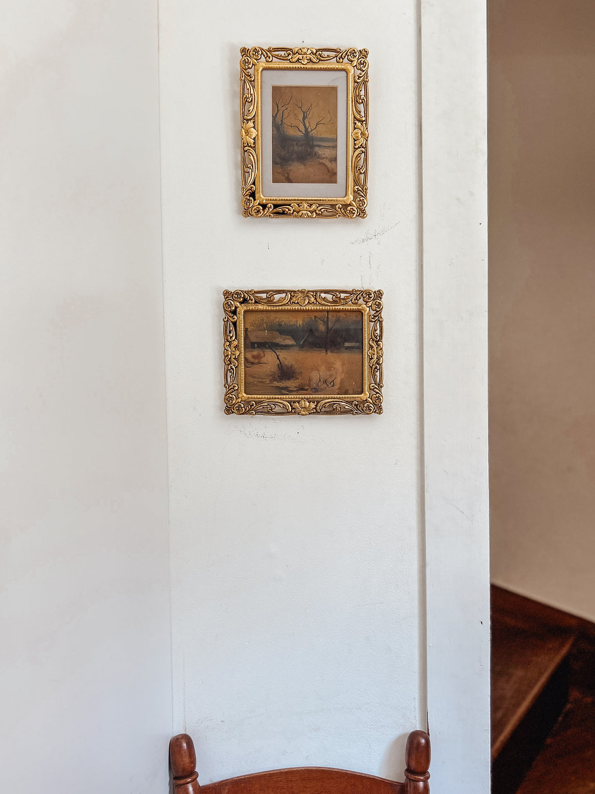 Antique Moody Landscape Paintings in Brass Frames