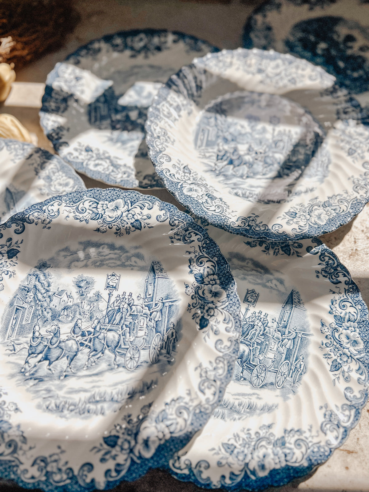 Vintage Blue Transferware Dinner Plate Set
