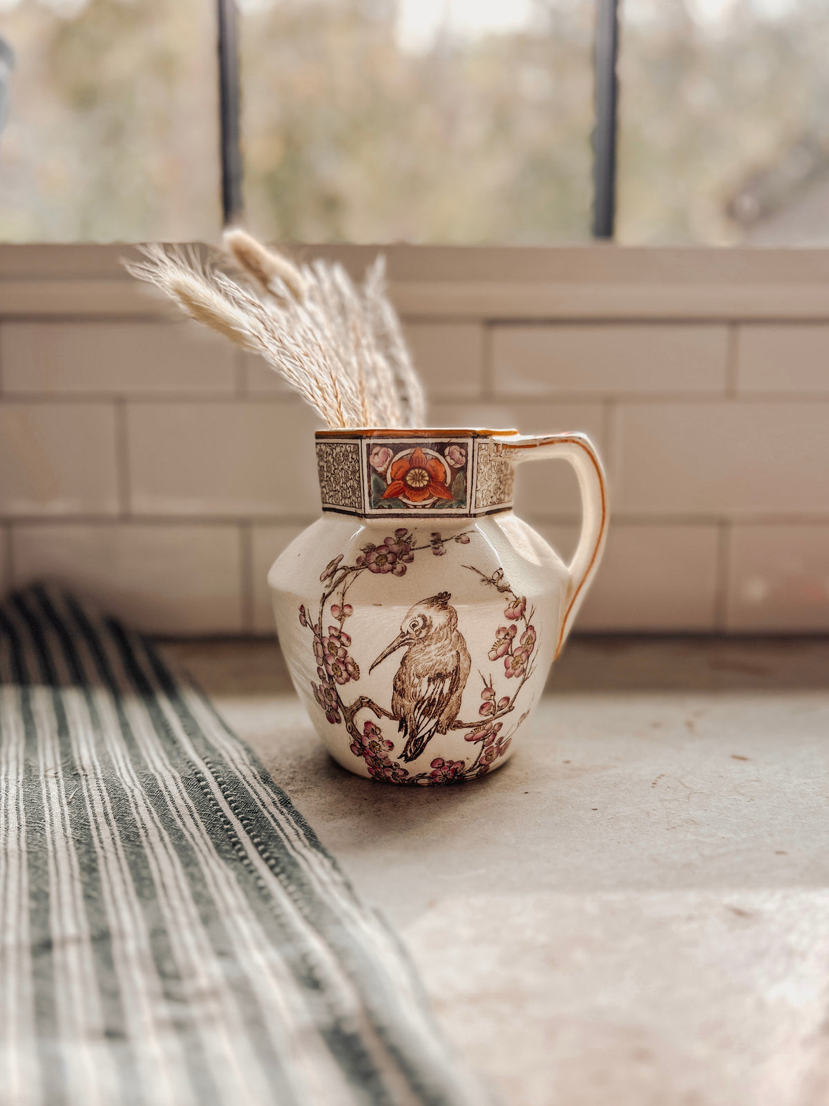 Vintage Bird & Blossom Ironstone Pitcher