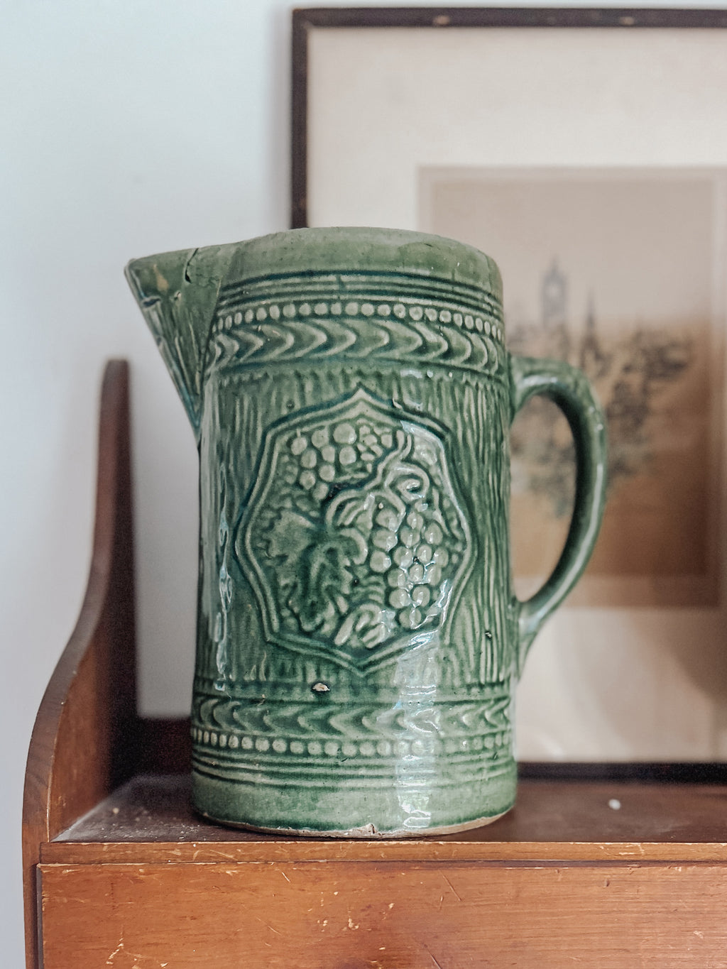 Vintage McCoy Grape Leaf Green Stoneware Pitcher
