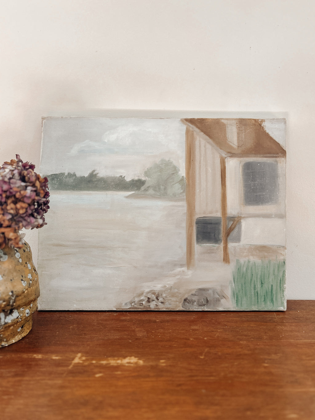 Vintage Waterfront Cottage Painting on Canvas