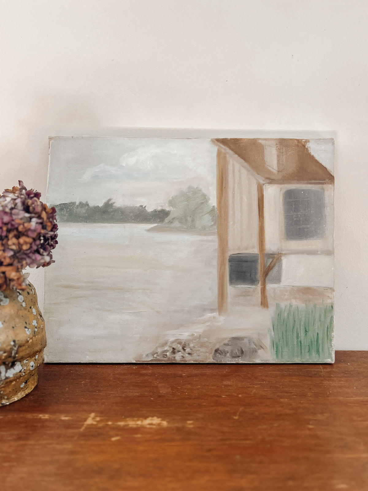 Vintage Waterfront Cottage Painting on Canvas