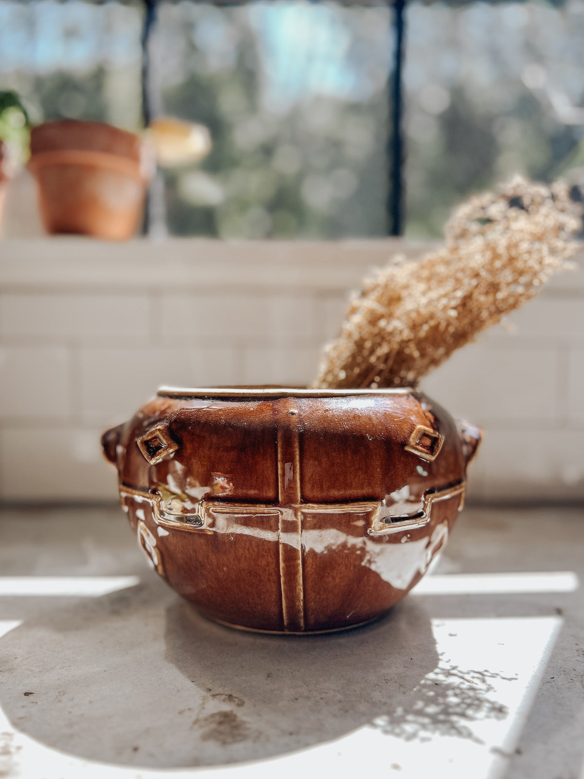 Vintage Brown Stoneware Planter