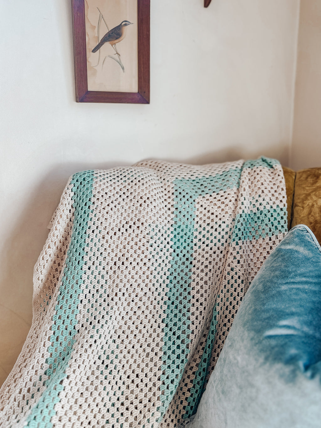 Vintage Teal Striped Crocheted Afghan Throw Blanket