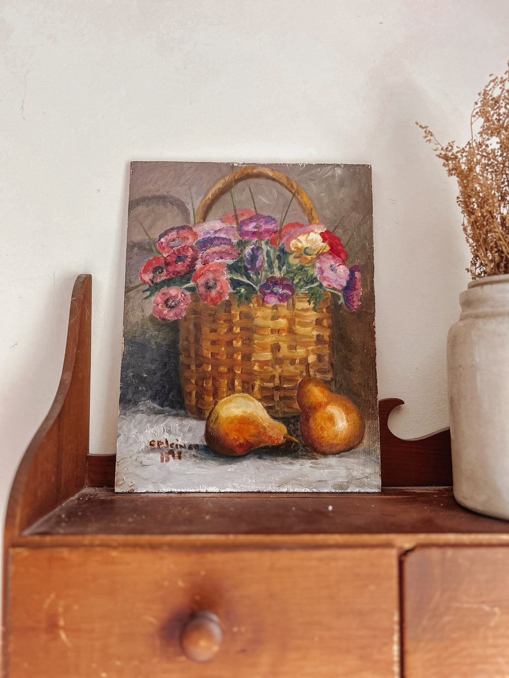Antique Still Life Flower Basket Oil Painting on Board