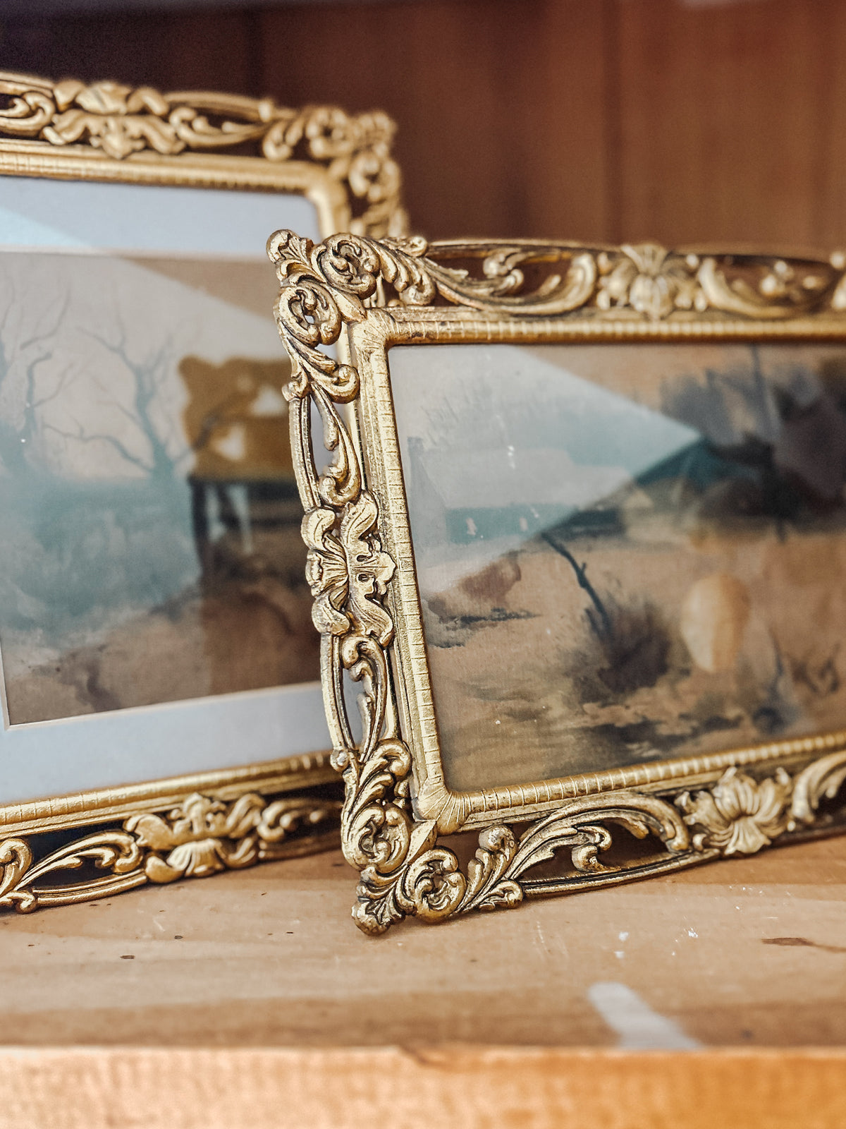 Antique Moody Landscape Paintings in Brass Frames