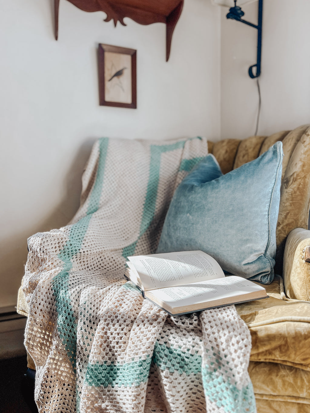 Vintage Teal Striped Crocheted Afghan Throw Blanket