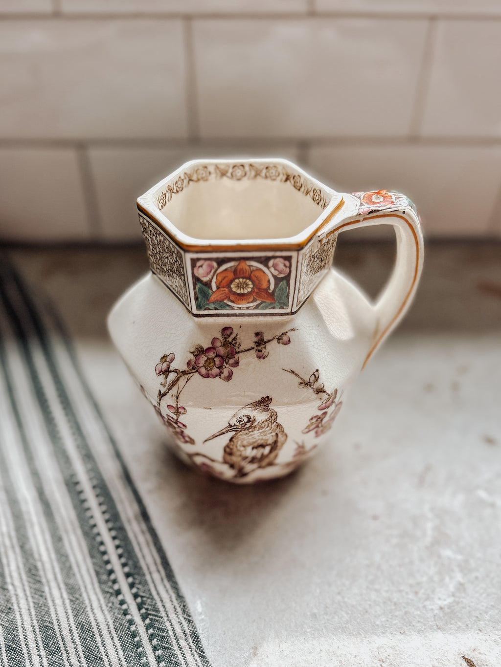 Vintage Bird & Blossom Ironstone Pitcher