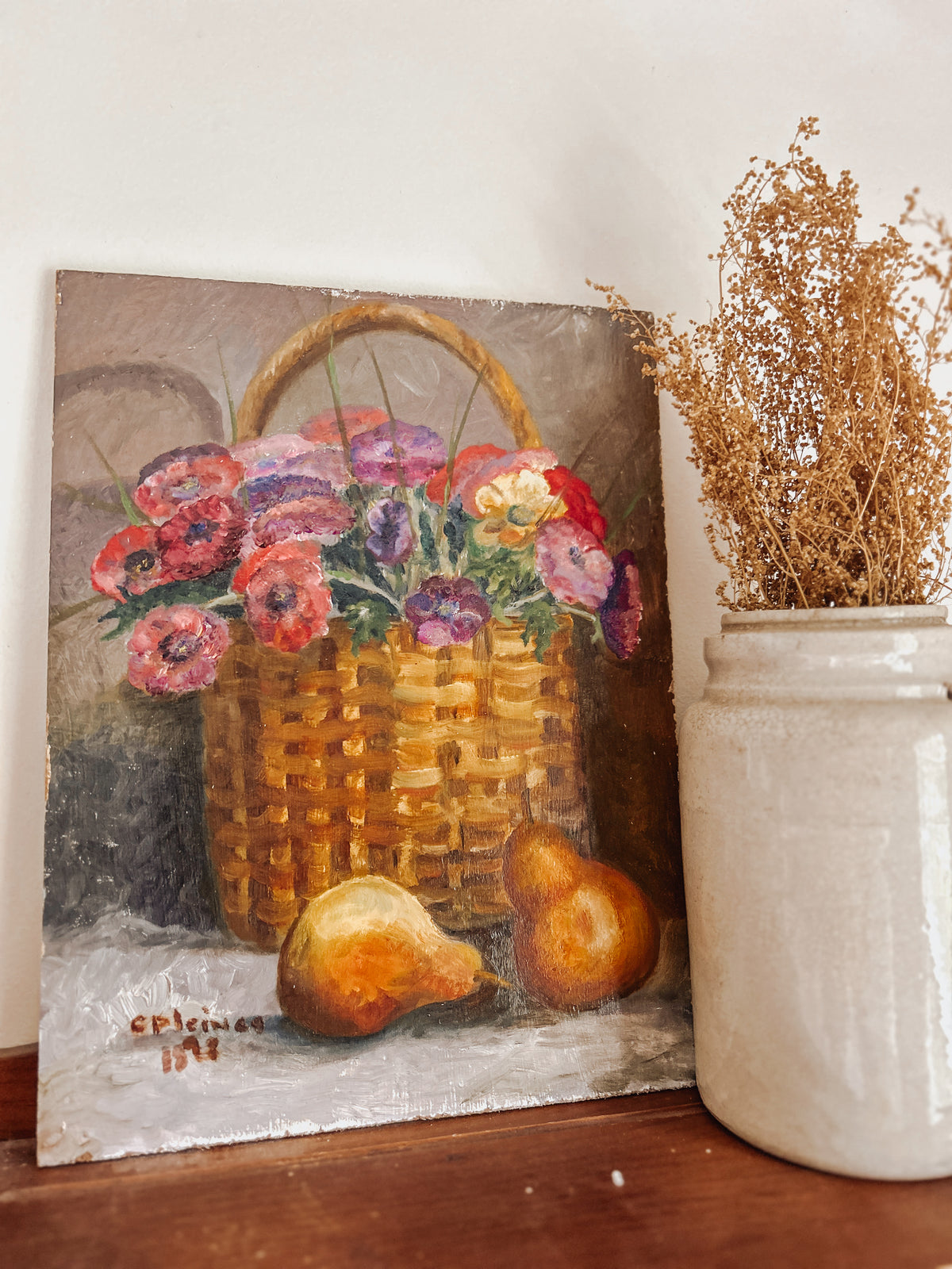 Antique Still Life Flower Basket Oil Painting on Board