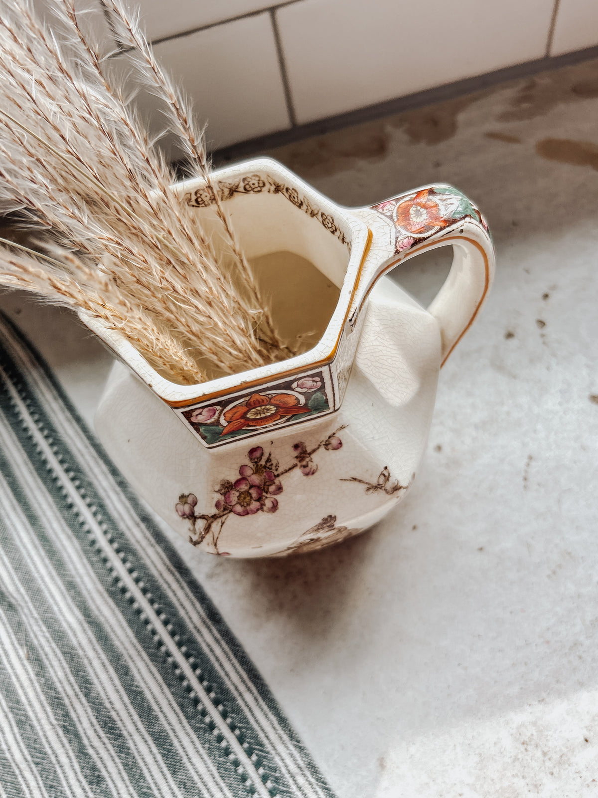 Vintage Bird & Blossom Ironstone Pitcher
