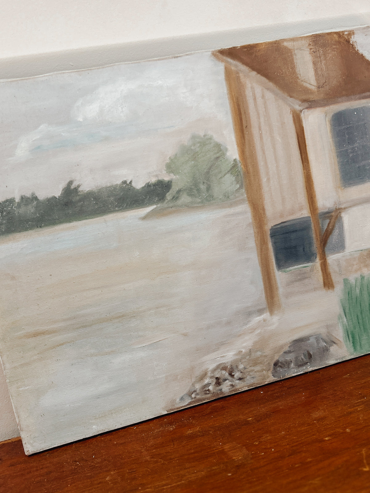 Vintage Waterfront Cottage Painting on Canvas