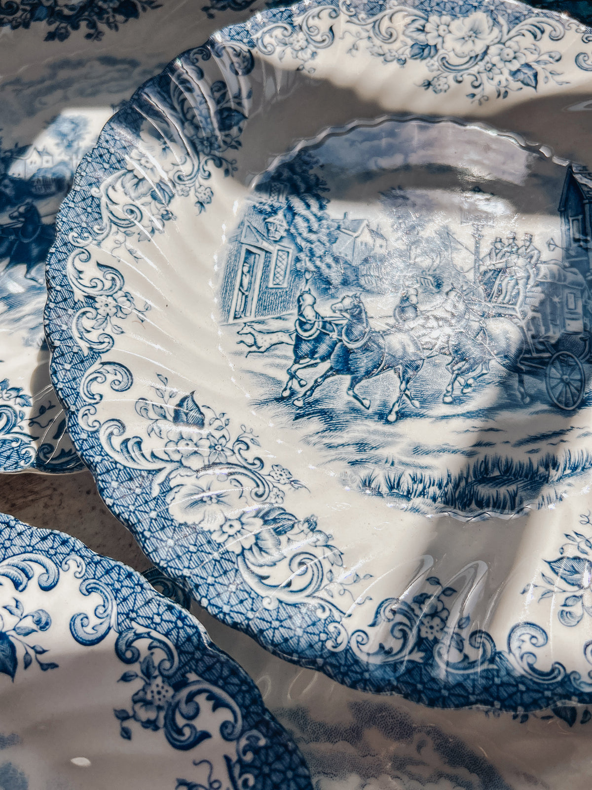 Vintage Blue Transferware Dinner Plate Set