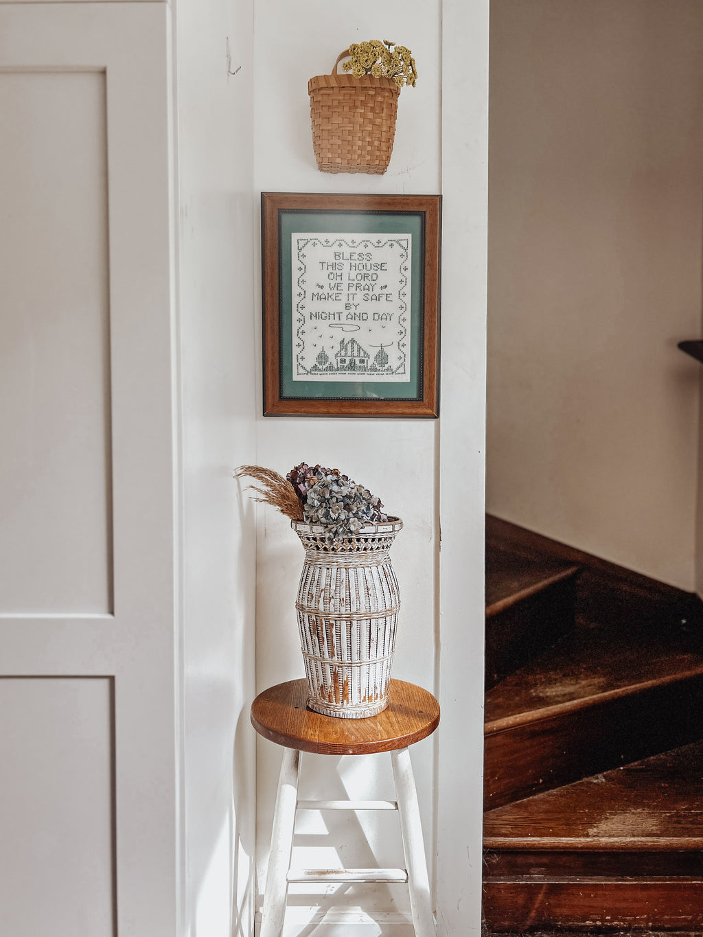 Vintage Chippy White Rattan Vase
