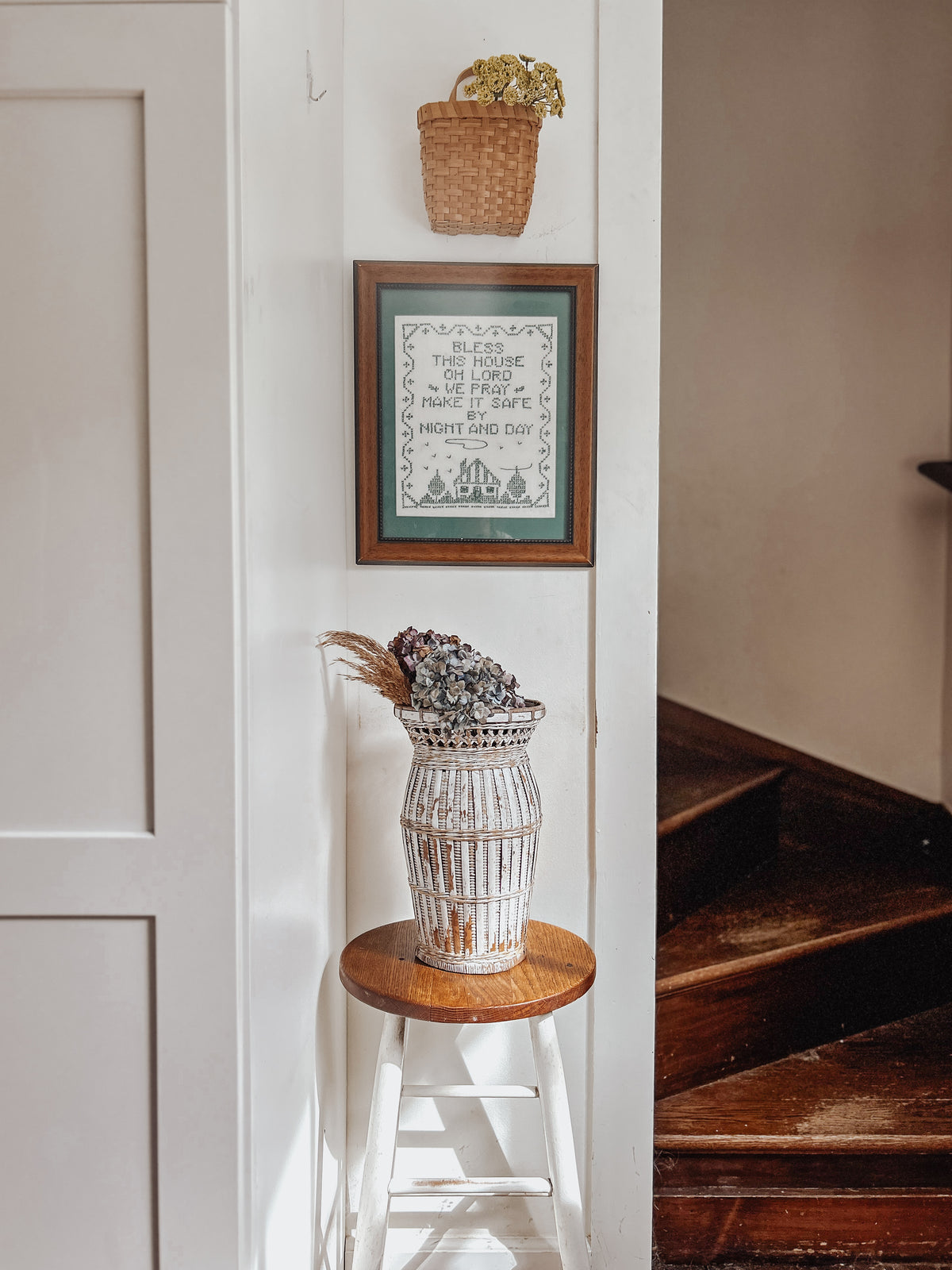 Vintage Chippy White Rattan Vase
