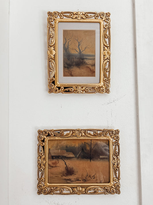 Antique Moody Landscape Paintings in Brass Frames