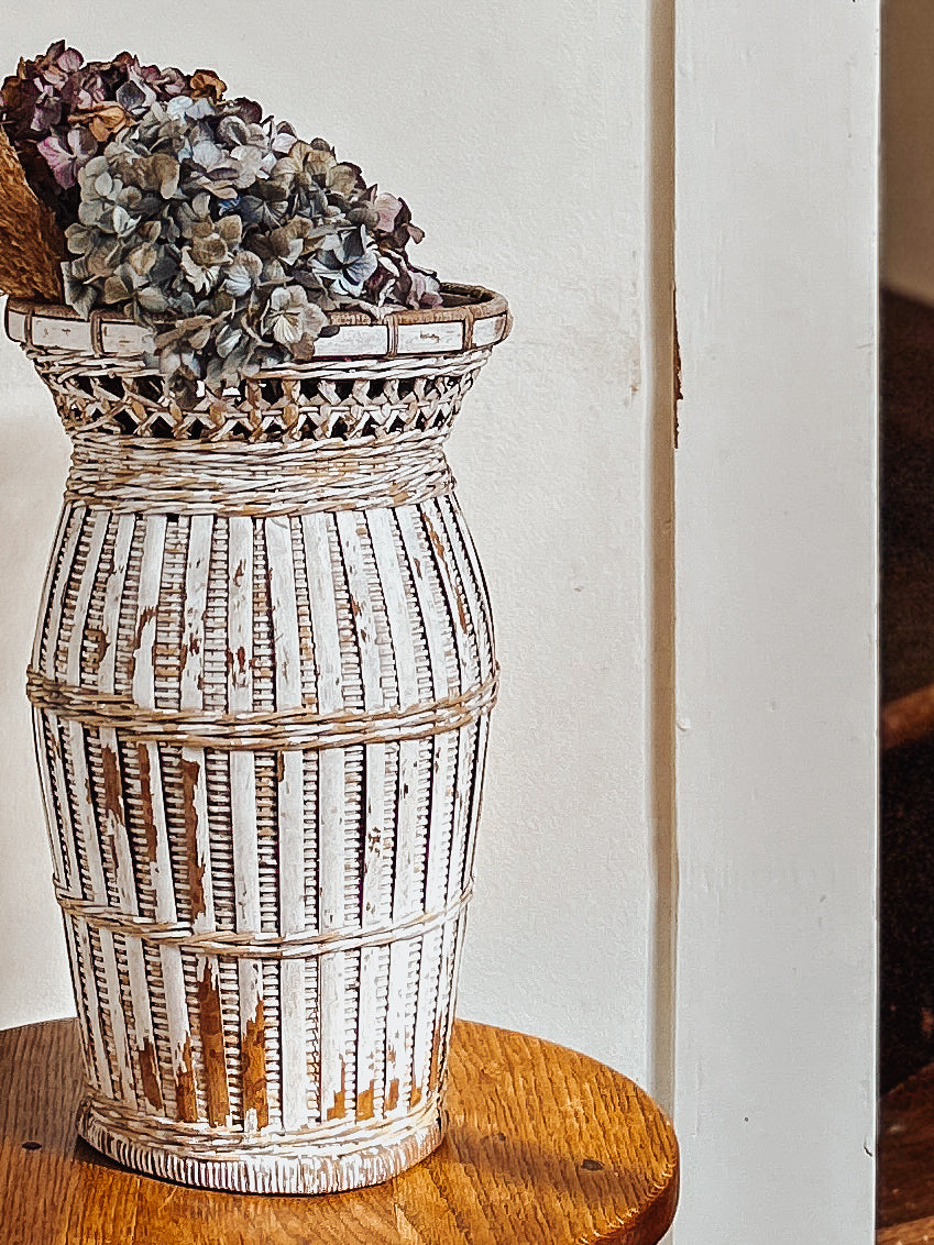 Vintage Chippy White Rattan Vase