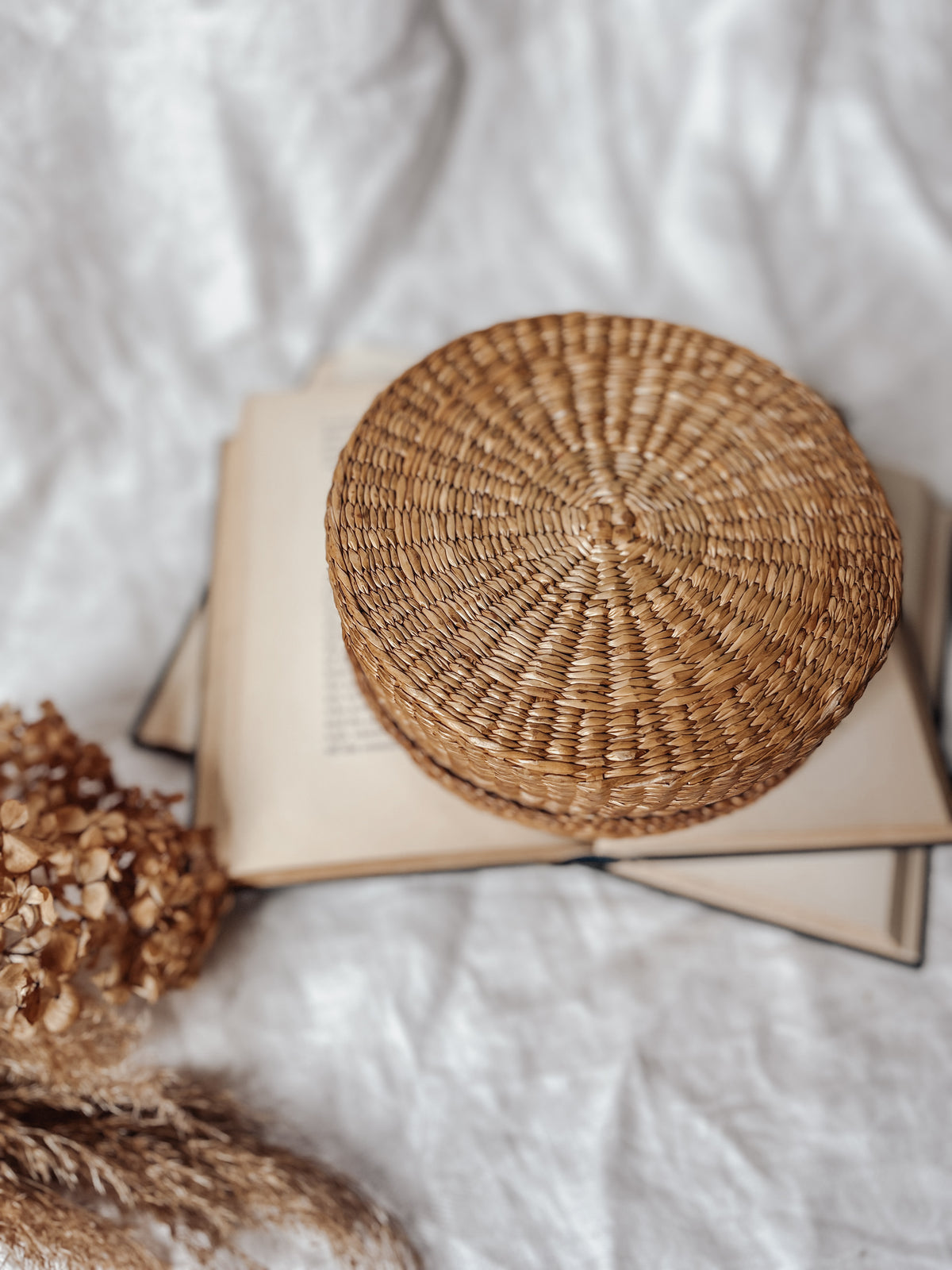 Vintage Round Seagrass Sewing Basket, Straw Trinket Basket